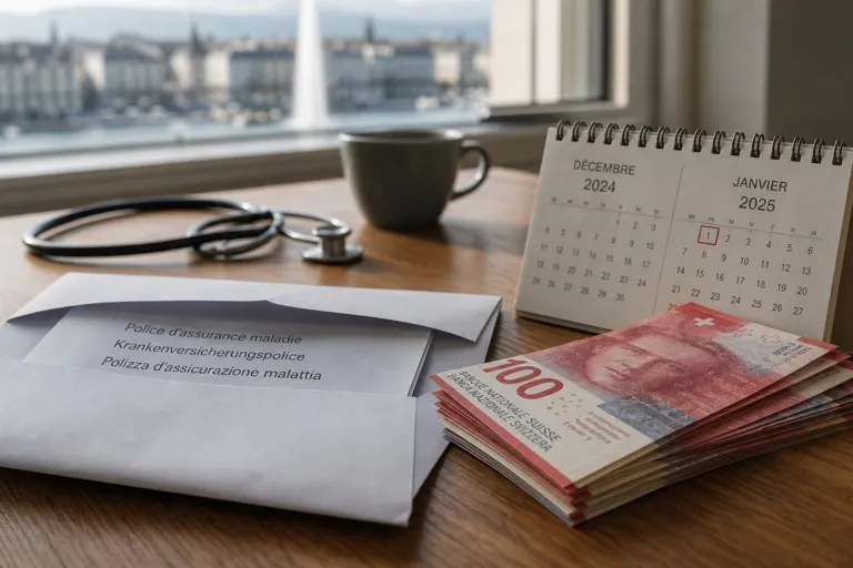 Dossier d’assurance maladie et billets suisses, illustration de la hausse des primes LAMal